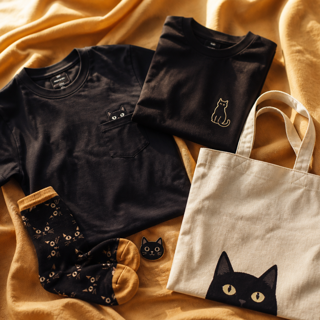 Flat lay of black cat themed t-shirts and accessories